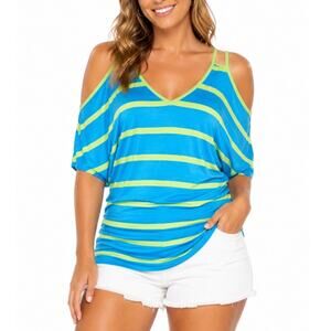 XS Bebe Colorblock Off Shoulder Dolman Low Cut V Neck Boxy Aqua Top